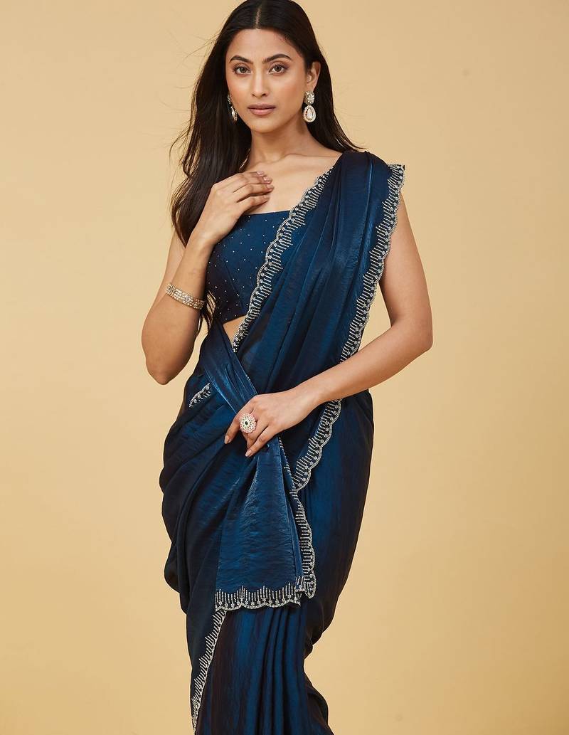 embellished sequinned satin heavy work saree with blouse with blouse 