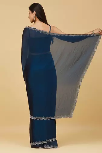 embellished sequinned satin heavy work saree with blouse with blouse 