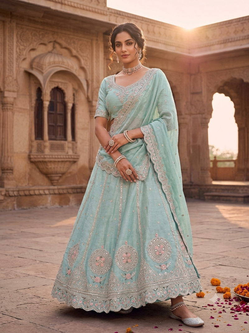Sky Blue silk blend designer festival lehenga choli