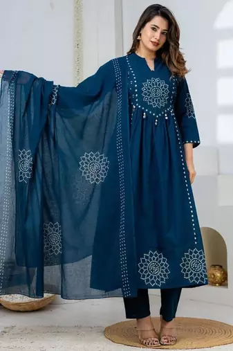 Cotton anarkali printed kurti-pant-dupatta set