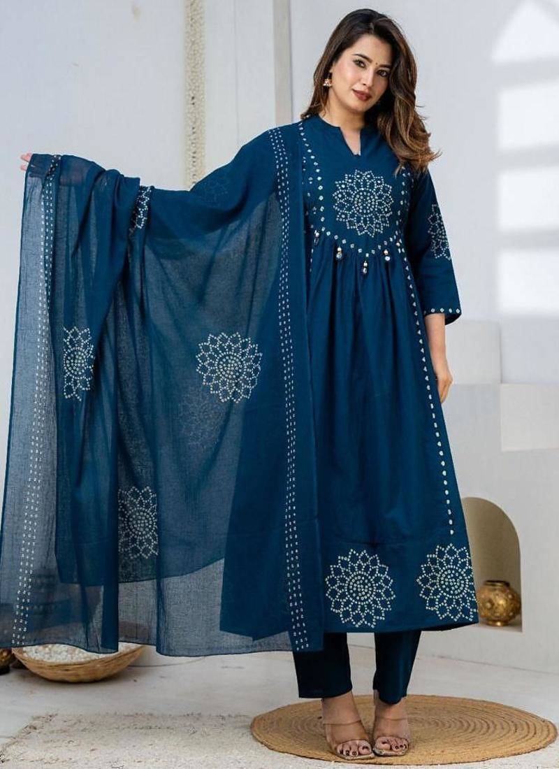Cotton anarkali printed kurti-pant-dupatta set