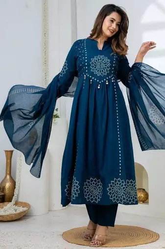 Cotton anarkali printed kurti-pant-dupatta set