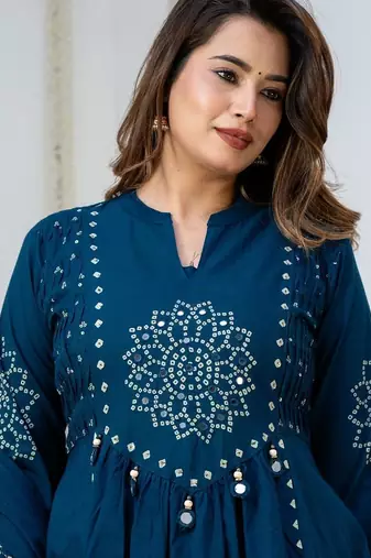 Cotton anarkali printed kurti-pant-dupatta set