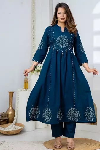 Cotton anarkali printed kurti-pant-dupatta set