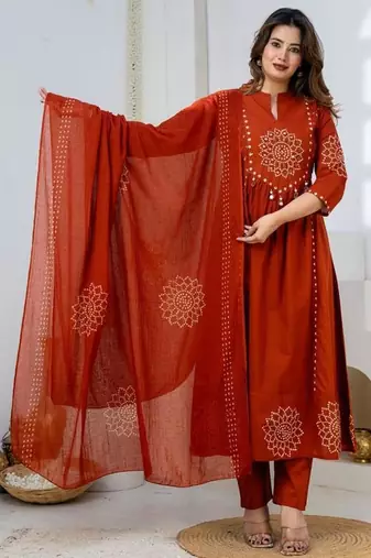 Cotton anarkali printed kurti-pant-dupatta set