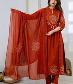 Cotton anarkali printed kurti-pant-dupatta set