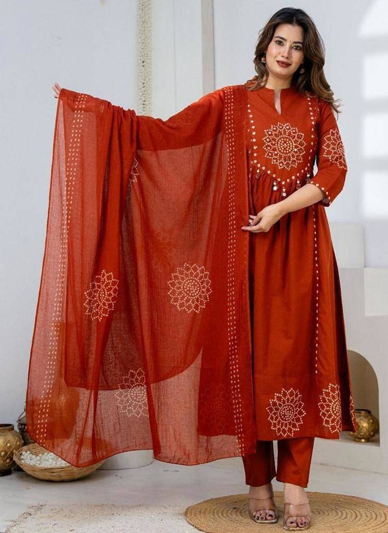 Cotton anarkali printed kurti-pant-dupatta set