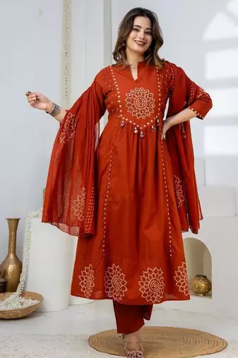 Cotton anarkali printed kurti-pant-dupatta set