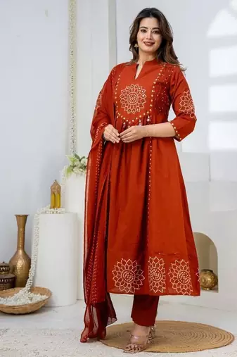Cotton anarkali printed kurti-pant-dupatta set