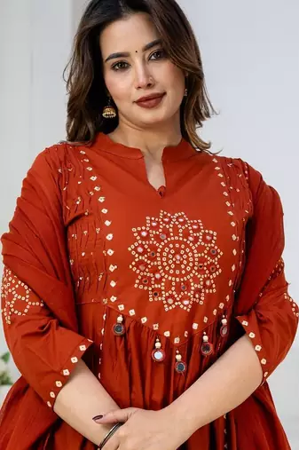 Cotton anarkali printed kurti-pant-dupatta set