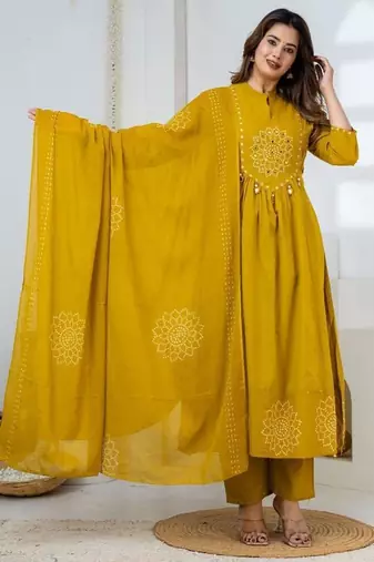 Cotton anarkali printed kurti-pant-dupatta set