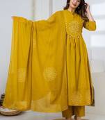 Cotton anarkali printed kurti-pant-dupatta set