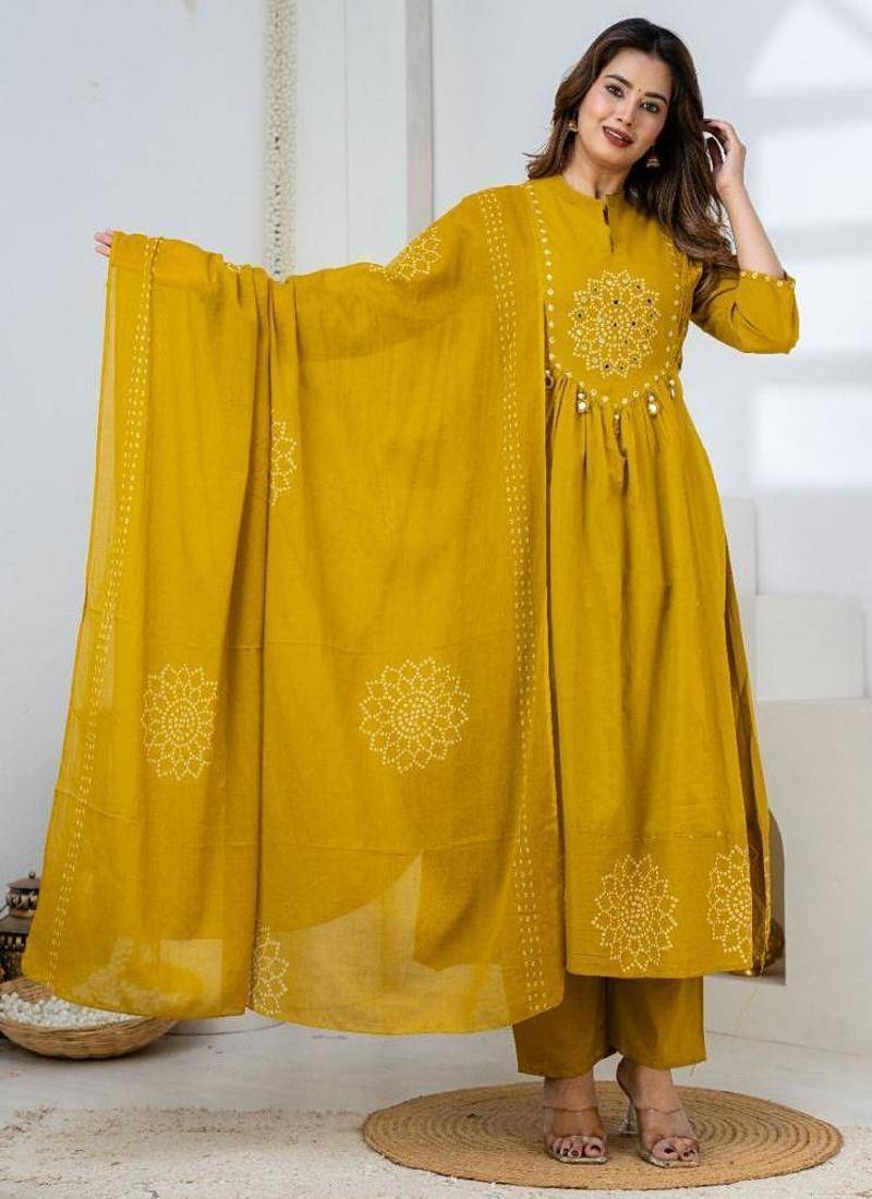 Cotton anarkali printed kurti-pant-dupatta set
