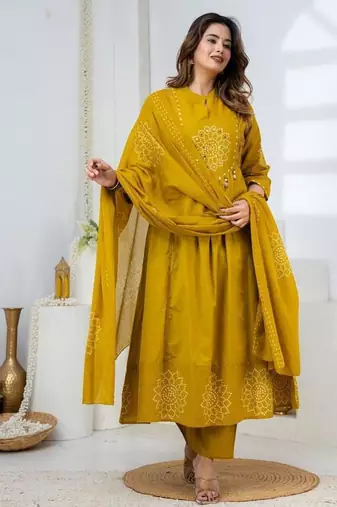 Cotton anarkali printed kurti-pant-dupatta set