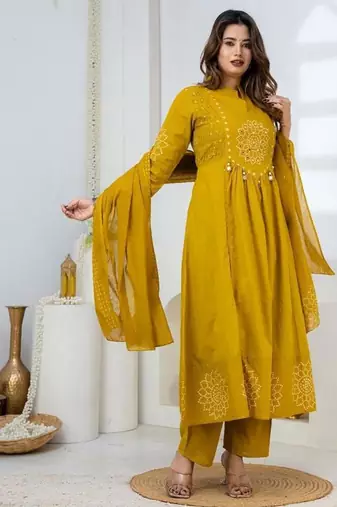 Cotton anarkali printed kurti-pant-dupatta set