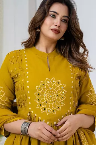 Cotton anarkali printed kurti-pant-dupatta set