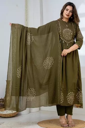 Cotton anarkali printed kurti-pant-dupatta set