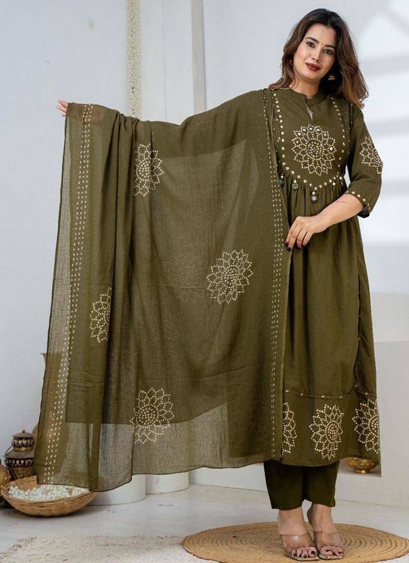 Cotton anarkali printed kurti-pant-dupatta set