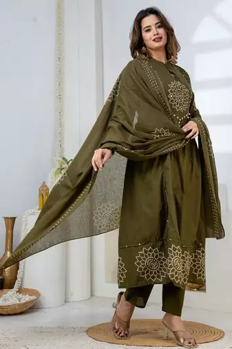 Cotton anarkali printed kurti-pant-dupatta set