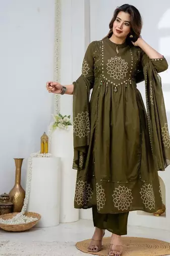 Cotton anarkali printed kurti-pant-dupatta set