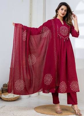Cotton anarkali printed kurti-pant-dupatta set 1