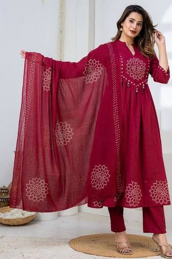 Cotton anarkali printed kurti-pant-dupatta set