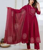 Cotton anarkali printed kurti-pant-dupatta set