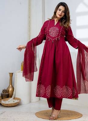 Cotton anarkali printed kurti-pant-dupatta set 2