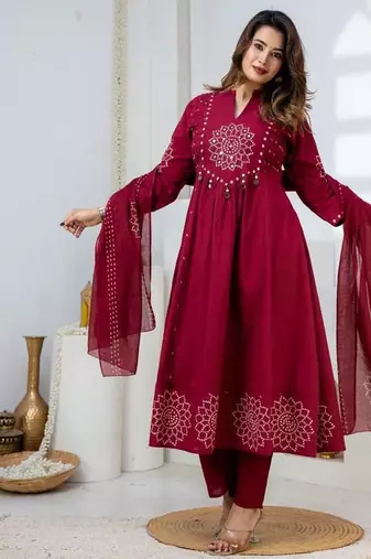 Cotton anarkali printed kurti-pant-dupatta set