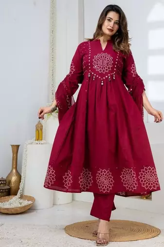 Cotton anarkali printed kurti-pant-dupatta set