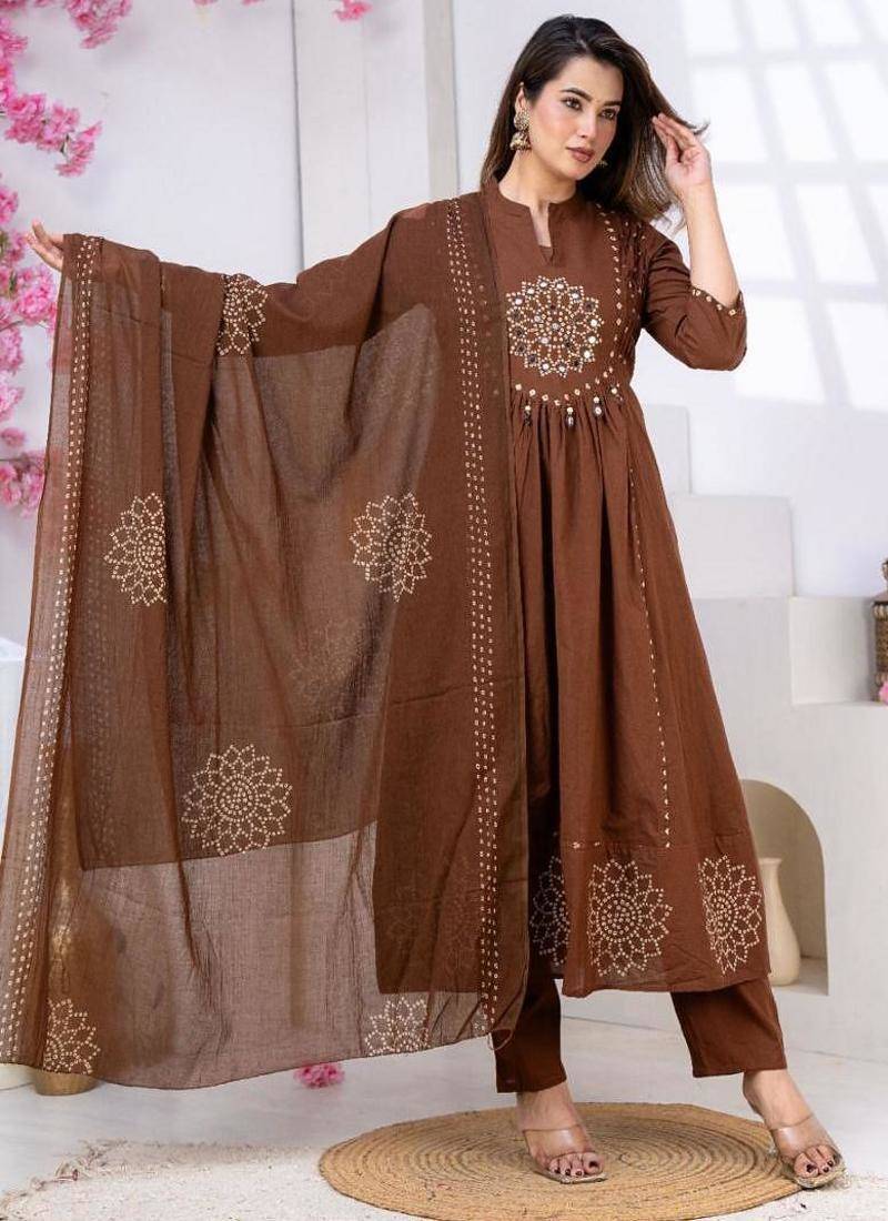 Cotton anarkali printed kurti-pant-dupatta set