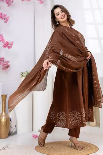 Cotton anarkali printed kurti-pant-dupatta set