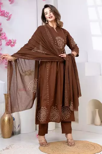 Cotton anarkali printed kurti-pant-dupatta set