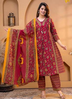 Cotton printed a-line kurti-pant-dupatta set 1