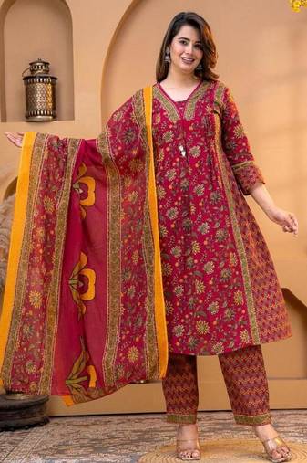 Cotton printed a-line kurti-pant-dupatta set