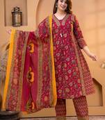 Cotton printed a-line kurti-pant-dupatta set