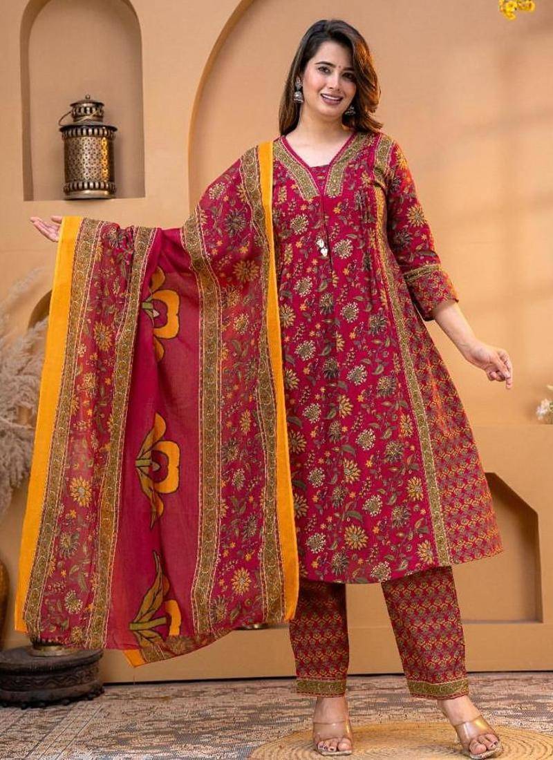 Cotton printed a-line kurti-pant-dupatta set
