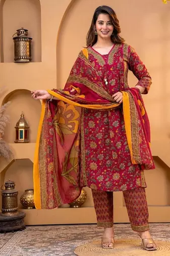 Cotton printed a-line kurti-pant-dupatta set