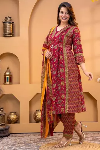 Cotton printed a-line kurti-pant-dupatta set