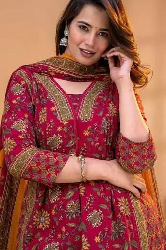 Cotton printed a-line kurti-pant-dupatta set
