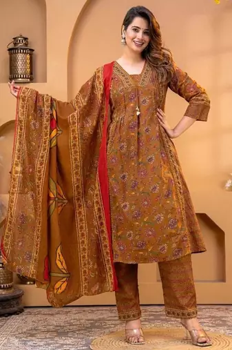 Cotton printed a-line kurti-pant-dupatta set