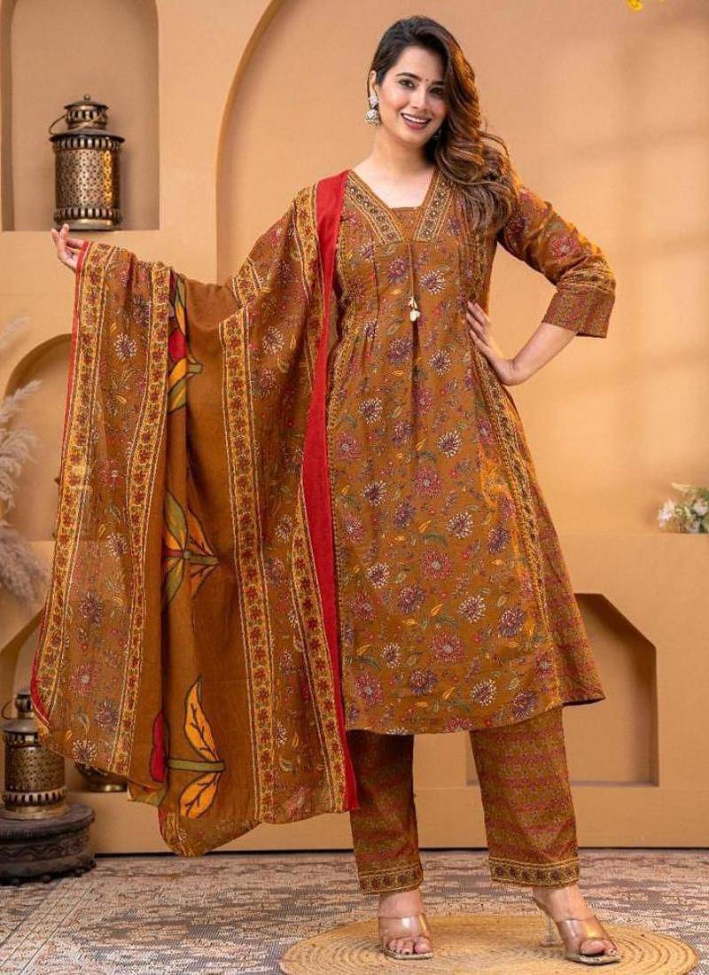 Cotton printed a-line kurti-pant-dupatta set