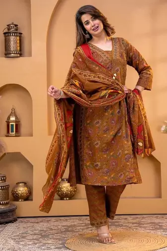 Cotton printed a-line kurti-pant-dupatta set