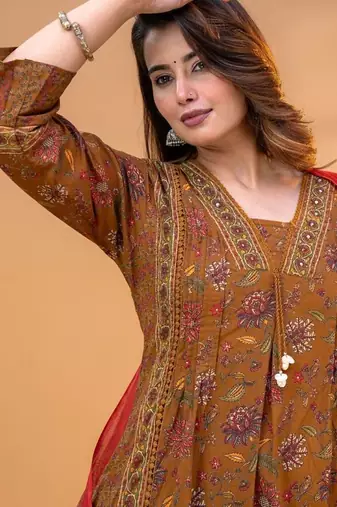 Cotton printed a-line kurti-pant-dupatta set
