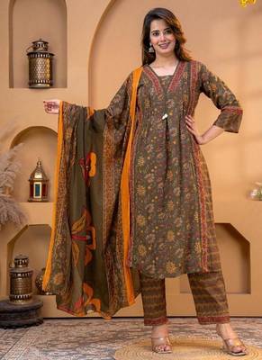 Cotton printed a-line kurti-pant-dupatta set 1