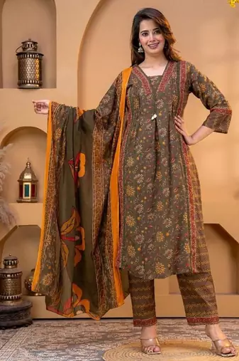 Cotton printed a-line kurti-pant-dupatta set
