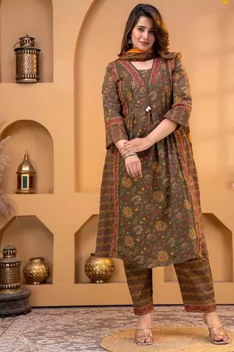 Cotton printed a-line kurti-pant-dupatta set