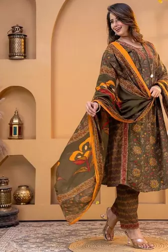 Cotton printed a-line kurti-pant-dupatta set