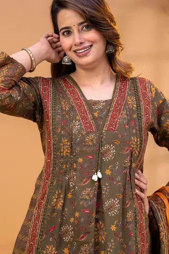 Cotton printed a-line kurti-pant-dupatta set