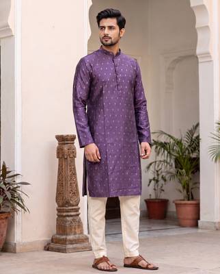    Men's Purple Kurta with Diamond Motif Print 1